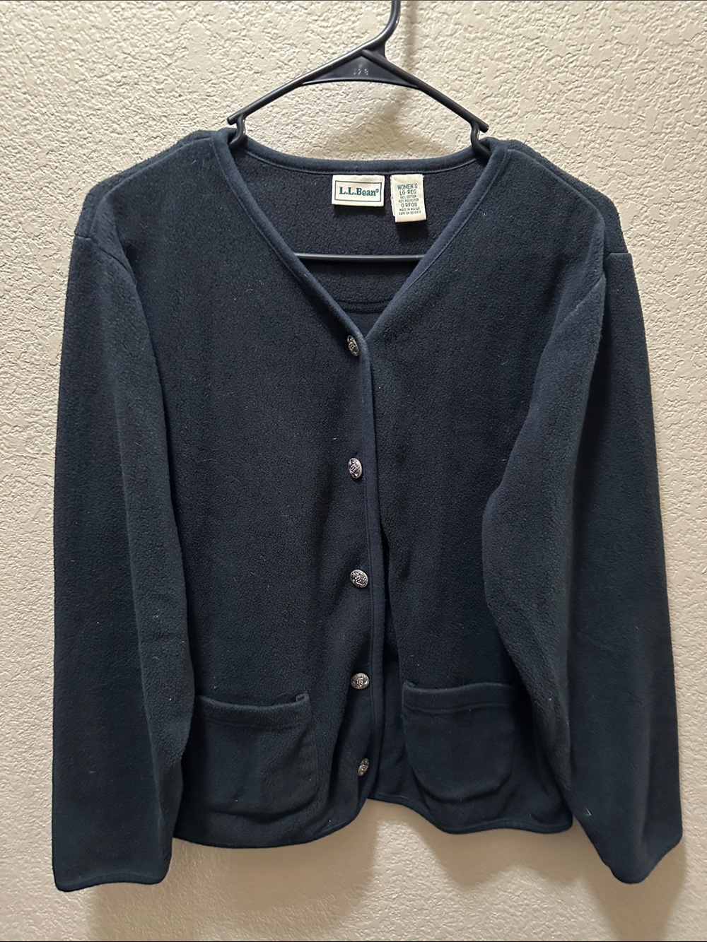 L.L. Bean Women's Black Fleece Button-Front Cardigan